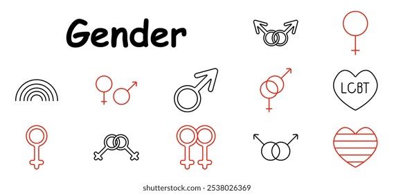 Gender set icon. LGBT, female, male, rainbow, heart, love, equality, inclusivity, pride, orientation, diverse, support, connection