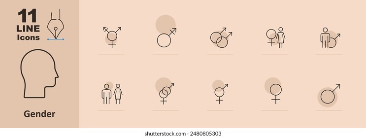 Icono de conjunto de género. Símbolos masculinos y femeninos, género neutro, símbolo transgénero, pareja, hombre y mujer, símbolo intersexual. Identidad de género y concepto de diversidad