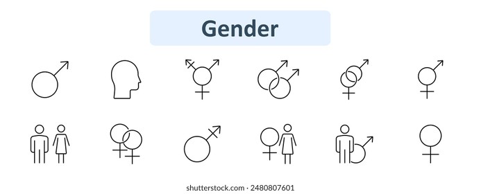 Gender set icon. Male, female, transgender, non-binary, intersex, profile, couple, symbols. Identity, equality, diversity, gender roles concept.