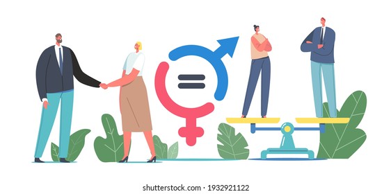 Gender Sex Equality And Balance Concept. Male And Female Business Characters Shaking Hands, Businessman And Businesswoman Stand On Scales, Equal Salary, Feminism. Cartoon People Vector Illustration