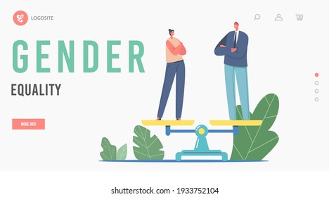 Gender Sex Equality And Balance Landing Page Template. Businessman And Businesswoman Characters On Scales. Tolerance Between Man And Woman Same Rights, Feminism. Cartoon People Vector Illustration