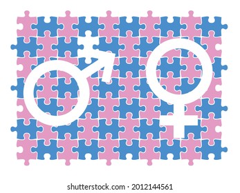 signo de género con rompecabezas aislados en fondo blanco