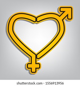 Gender signs in heart shape. Flat orange icon with overlapping linear black icon with gray shadow at whitish background. Illustration.