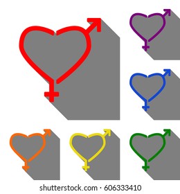 Gender signs in heart shape. Set of red, orange, yellow, green, blue and violet icons at white background with flat shadow.