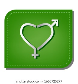 Gender signs in heart shape. Silver gradient line icon with dark green shadow at ecological patched green leaf. Illustration.