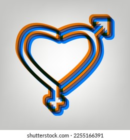 Signos de género en forma cardíaca. Icono marcado en colores naranja, azul y lavanda antigua en fondo gris. Ilustración.