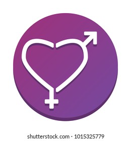 Gender signs in heart shape. Vector. White icon with flat shadow on purpureus circle at white background. Isolated.