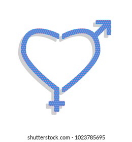 Gender signs in heart shape. Vector. Neon blue icon with cyclamen polka dots pattern with light gray shadow on white background. Isolated.
