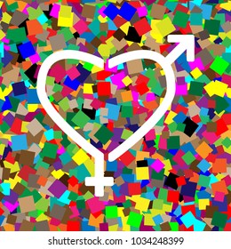 Gender signs in heart shape. Vector. White icon on colorful background with seamless pattern from squares.