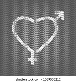 Gender signs in heart shape. Vector. White knitted icon on gray knitted background. Isolated.