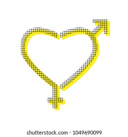 Gender signs in heart shape. Vector. Yellow icon with square pattern duplicate at white background. Isolated.
