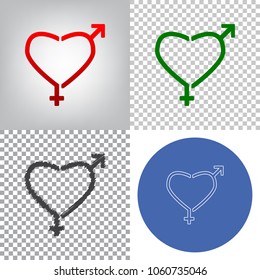 Gender signs in heart shape. Vector. 4 styles. Red gradient in radial lighted background, green flat and gray scribble icons on transparent and linear one in blue circle.