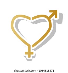 Gender signs in heart shape. Vector. Golden gradient icon with white contour and rotated gray shadow at white background.