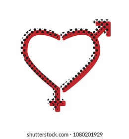 Gender signs in heart shape. Vector. Brown icon with shifted black circle pattern as duplicate at white background. Isolated.