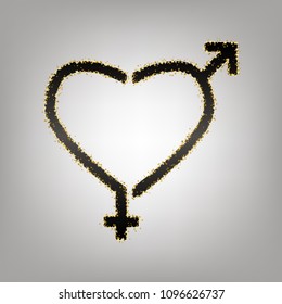 Gender signs in heart shape. Vector. Blackish icon with golden stars at grayish background.