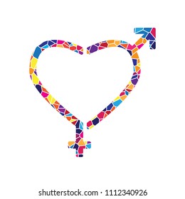 Gender signs in heart shape. Vector. Stained glass icon on white background. Colorful polygons. Isolated.