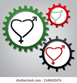 Gender signs in heart shape. Vector. Three connected gears with icons at grayish background.