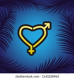 Gender signs in heart shape. Vector. Golden icon with black contour at blue background with branches of palm trees.