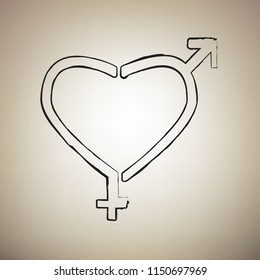 Gender signs in heart shape. Vector. Brush drawed black icon at light brown background.