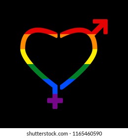 Gender signs in heart shape. Vector. Icon with colors of LGBT flag at black background.