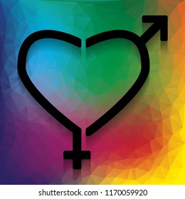 Gender signs in heart shape. Vector. Flat style black icon on white.