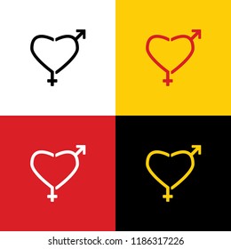 Gender signs in heart shape. Vector. Icons of german flag on corresponding colors as background.