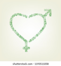 Gender signs in heart shape. Vector. Green hexagon rastered icon and noised opacity and size at light green background with central light.