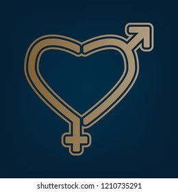 Gender signs in heart shape. Vector. Golden icon and border at dark cyan background.