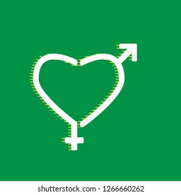 Gender signs in heart shape. Vector. White flat icon with yellow striped shadow at green background.