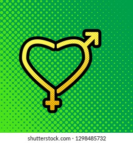 Gender signs in heart shape. Vector. Pop art orange to yellow dots-gradient icon with black contour at greenish background.