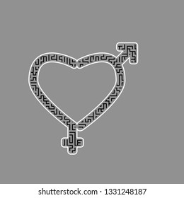 Gender signs in heart shape. Vector. Black maze filled icon with white border at gray background.