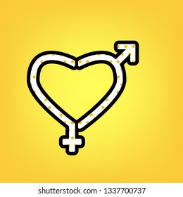 Gender signs in heart shape. Vector. Yellow polka dot white icon with black contour at warm yellow background.