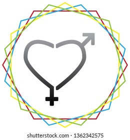 Gender signs in heart shape. Vector. Black icon with patch of light inside colorful hexagonal frames at white background.