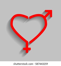 Gender signs in heart shape. Vector. Red icon with soft shadow on gray background.