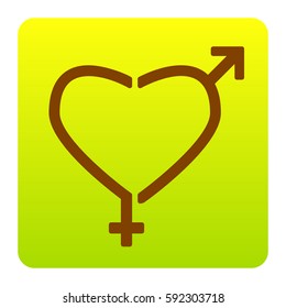 Gender signs in heart shape. Vector. Brown icon at green-yellow gradient square with rounded corners on white background. Isolated.