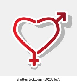 Gender signs in heart shape. Vector. New year reddish icon with outside stroke and gray shadow on light gray background.
