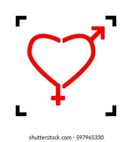 Gender signs in heart shape. Vector. Red icon inside black focus corners on white background. Isolated.