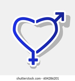 Gender signs in heart shape. Vector. New year bluish icon with outside stroke and gray shadow on light gray background.