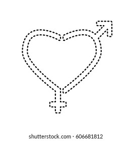 Gender signs in heart shape. Vector. Black dashed icon on white background. Isolated.