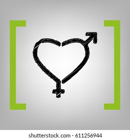 Gender signs in heart shape. Vector. Black scribble icon in citron brackets on grayish background.