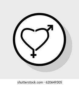 Gender signs in heart shape. Vector. Flat black icon in white circle with shadow at gray background.