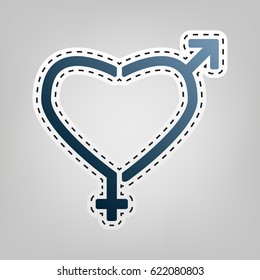 Gender signs in heart shape. Vector. Blue icon with outline for cutting out at gray background.