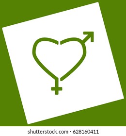 Gender signs in heart shape. Vector. White icon obtained as a result of subtraction rotated square and path. Avocado background.