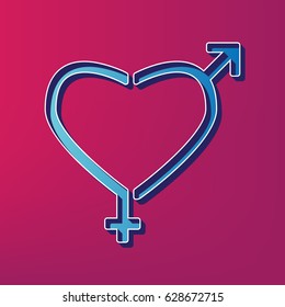 Gender signs in heart shape. Vector. Blue 3d printed icon on magenta background.