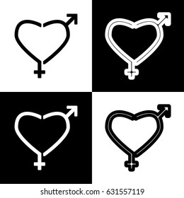 Gender signs in heart shape. Vector. Black and white icons and line icon on chess board.