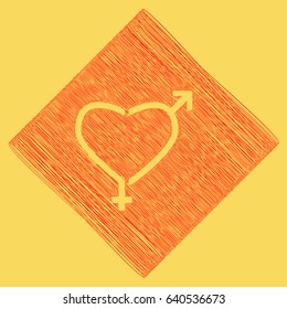 Gender signs in heart shape. Vector. Red scribble icon obtained as a result of subtraction rhomb and path. Royal yellow background.