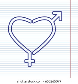 Gender signs in heart shape. Vector. Navy line icon on notebook paper as background with red line for field.