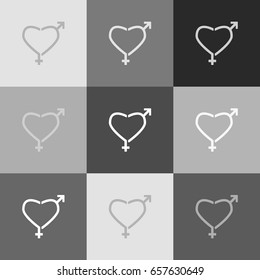 Gender signs in heart shape. Vector. Grayscale version of Popart-style icon.