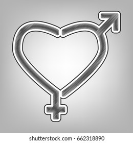 Gender signs in heart shape. Vector. Pencil sketch imitation. Dark gray scribble icon with dark gray outer contour at gray background.