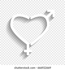 Gender signs in heart shape. Vector. White icon with soft shadow on transparent background.